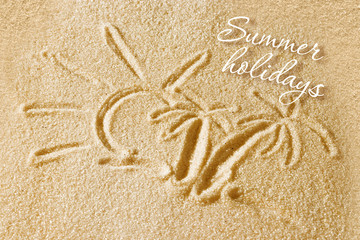 Palm trees are painted in the sand and the inscription is summer holidays. Beach background. View from above. The concept of summer, summer kanikkuly, vacation, holydays.