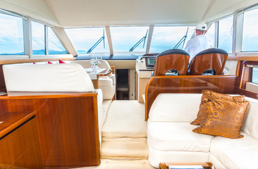 Luxury yacht interior comfortable cabin expensive wooden design for holiday recreation tourism or...