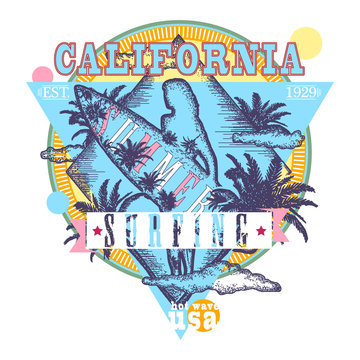 California surf print, t shirt graphic design. Surfing t-shirt design