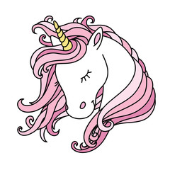 Cute white unicorn with pink hair, mane and yellow horn.  Childish hand drawn flat vector illustration, print.