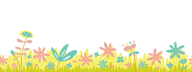 Spring cute green grass and flowers seamless border, Easter greeting card with season elements, flat vector isolated on transparent background. Easter decoration with spring grass and flower frame.