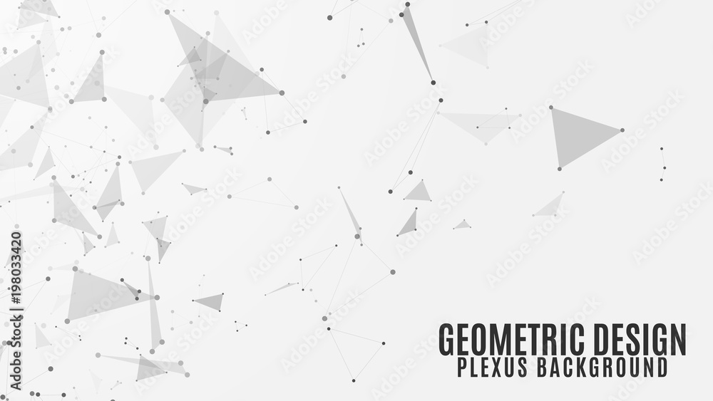 Poster geometric background of flying geometric particles on a white background. dark connected triangular 