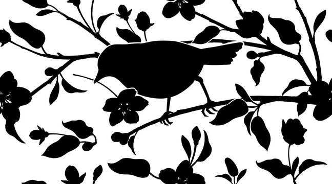 Spring seamless pattern with Japanese cherry and bird silhouette.