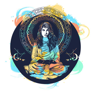 Woman meditation tattoo art. Symbol meditation, philosophy, astrology, magic, yoga. Meditating woman and crystal sphere t-shirt design. Girl in lotus pose