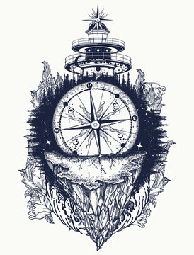 Lighthouse and compass,mountains tattoo and t-shirt design. Mountain antique compass and sea wave. Adventure, travel, outdoors, symbol. Tattoo for travelers, climbers, hikers t-shirt design