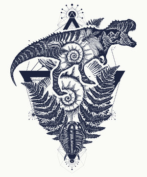 Tyrannosaur double exposure tattoo art. T-Rex dinosaur monster and trilobites, ammonite and fern. Symbol of archeology, paleontology
