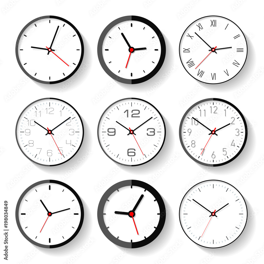 Poster set of different clock icons in flat style, minimalistic timers on white background. business watchs