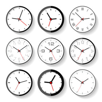Set of different clock icons in flat style, minimalistic timers on white background. Business watchs. Vector design elements for you projects