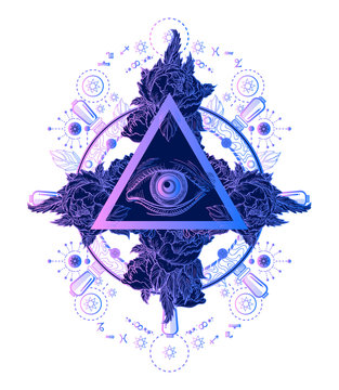 All seeing eye pyramid tattoo art. Alchemy, medieval religion, occultism, spirituality and esoteric tattoo. Magic eye t-shirt design. Roses and the ship's helm. Freemason and spiritual symbols