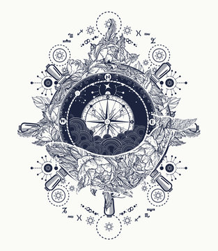 Magic whale, compass and steering wheel tattoo and t-shirt design. Antique compass and floral whale tattoo art. Mystical symbol of adventure, dreams. Compass and Whale. Travel, adventure, outdoors