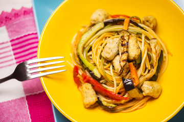 Vegetarian pasta with soy fricandel