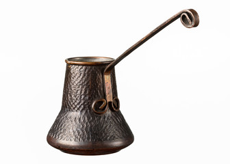 Exclusive copper Turkish coffee pot isolated on white background.