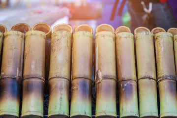 glutinous rice roasted in bamboo joints.selective focus.