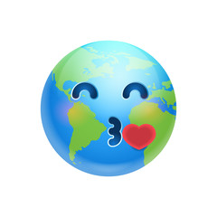 Cartoon Earth Face Blowing Kiss Icon Funny Planet Emotion Flat Vector Illustration
