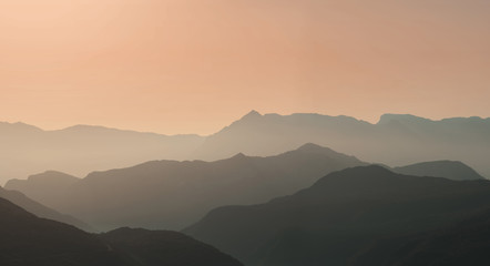Landscape silhouette of the mountains at sunset. Panorama of peaks mountain in the Greece