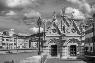 Black and white view of Santa Maria della Spina, beautiful Church in Pisa, Tuscany, Italy