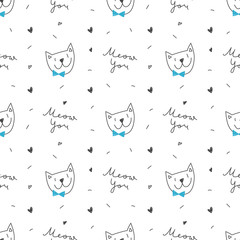 cute cats faces, vector hand drawn seamless pattern