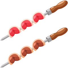 Picanha on a skewer raw and grilled. Vector cartoon illustration of a traditional Brazilian barbecue from meat beef. Food isolated on a white background.