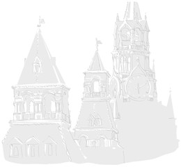 Kremlin towers/ Fragments of Kremlin towers - Spassky, Konstantin & Elena and Nabatnaya. Vector scetch.