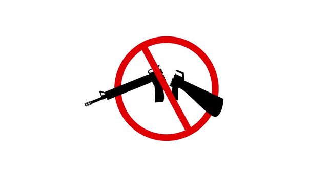 Animation of assault rifle getting surrounded by red - "ban" - sign - followed by the rifle shaking and finally breaking.