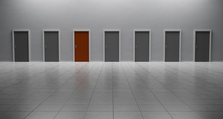 grey doors in row with red door among them inside of hallway, reflective floor tiles. 3D rendering