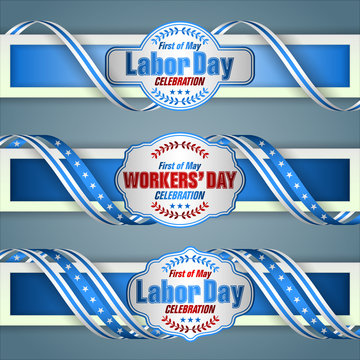Web banners, design background with texts for celebration of First May International Labor day/Workers' day; Vector illustration