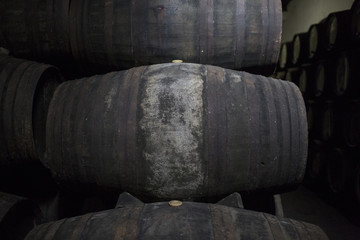 Old oak casks in Port wine cellar.