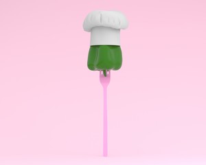 Creative layout Chef hat with Bell pepper concept and fork on pastel pink background. minimal idea business concept. fruit idea creative to produce work within an advertising marketing communications