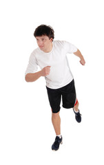 Running young man in the studio