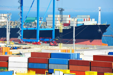 Port cargo crane, ship and container