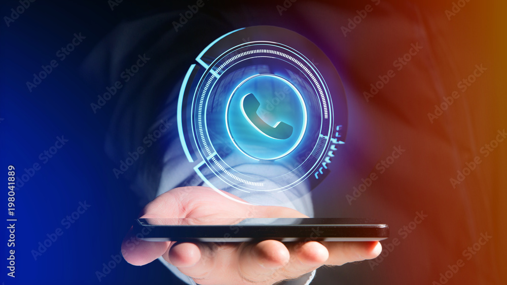 Poster businessman using a shinny technologic phone button on his smartphone - 3d render