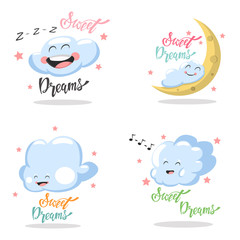 Sweet Dreams hand drawn lettering with cute cartoon clouds with kawaii emotions. Vector set isolated on white background.