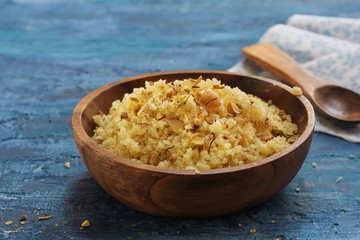 Homemade Rava Sheera / Sweet Semolina Upma or Pongal, selective focus