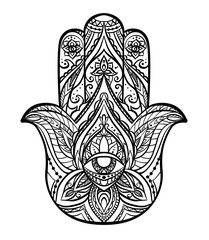 Black illustration of Hamsa with boho pattern. Buddhas hand. Vector element for your sketch of tattoo, coloring book, T-shirt print and your design.