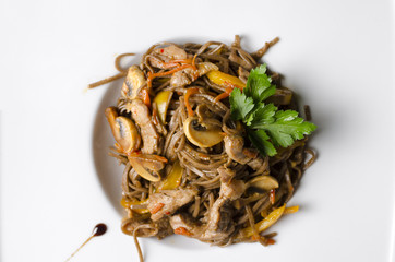 Noodles with pork and mushrooms