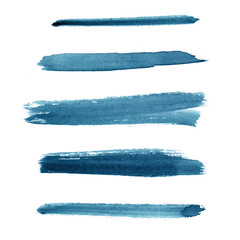 Watercolor. Blue navy abstract painted ink strokes set on watercolor paper.Isolated on white