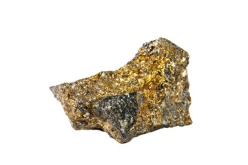 Macro shooting of natural gemstone. The raw mineral is chalcopyrite. Isolated object on a white background.