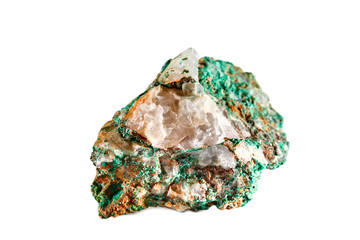 Macro shooting of natural gemstone. Raw mineral malachite. Morocco. Isolated object on a white background.