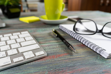 Office desk table with supplies. Top view. Copy space for text