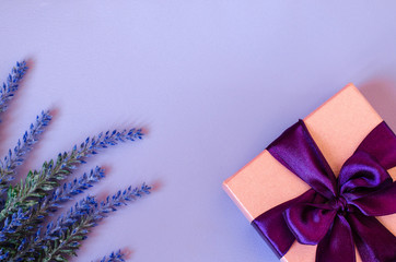 Pink gift box and lavender on violet background