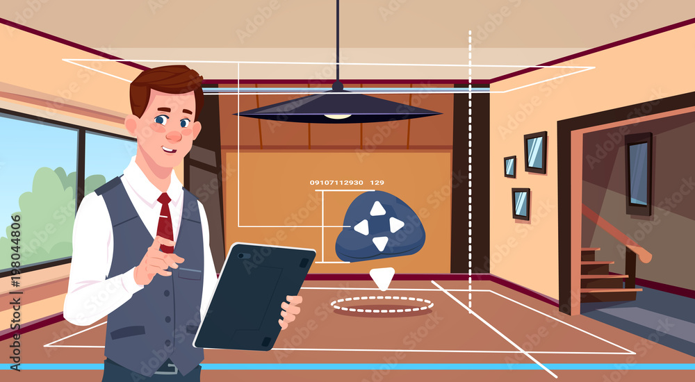 Poster man use digital tablet app of smart home automation system over living room background flat vector i