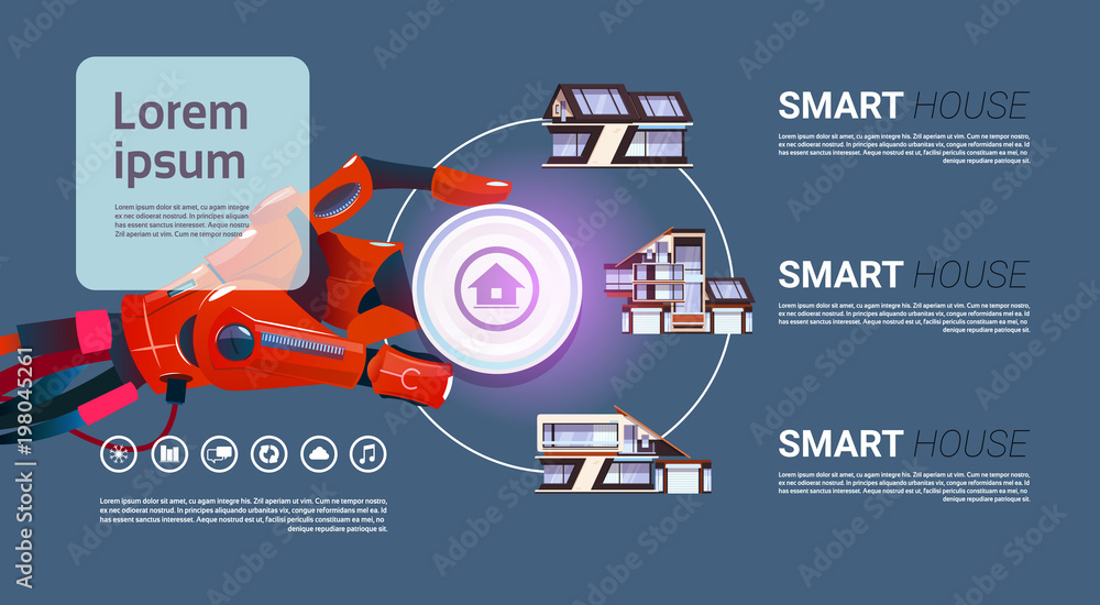 Poster robotic hand over smart house controlling interface technology of home automation concept flat vecto