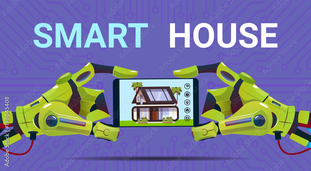 Poster robotic hands holding digital tablet with smart house monitoring interface technology of home automa