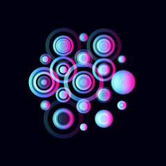 Colorful circles, pulsating audio speakers. Colored musical radio logo template. Music fest logotype, vector illustration on black background.