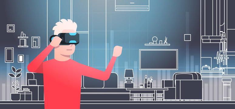 Man Wearing 3d Glasses In Vr Room Interior Virtual Reality Technology Concept Flat Vector Illustration