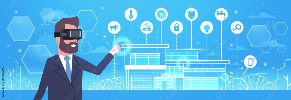 Poster man wearing modern 3d glasses using smart home technology of automation, innovation and virtual real