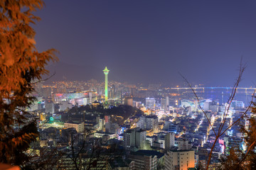 Busan city skylight and Busan tower at night