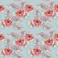 Flowers hibiscus jungle leaves pastel color seamless