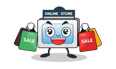 Cartoon computer mascot of online shopping with shopping sale bag. Character design. Vector illustration