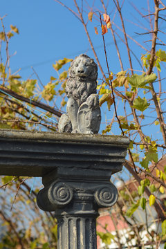 Stone lion on gate